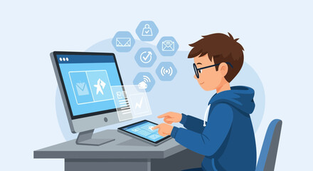 Man Interacting With Digital Interfaces On Computer And Tablet Devices