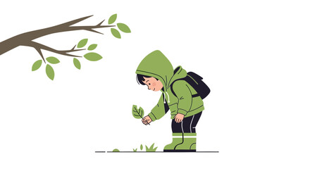 Illustration of a Curious Child Exploring Nature, Discovering a Fallen Leaf in the Forest