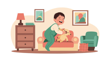 Joyful Moment Little Boy Playing With His Teddy Bear In A Cozy Home
