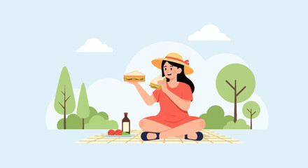 Joyful Picnic In Nature A Woman Enjoying Food In The Park With Fresh Air