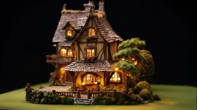 This enchanting miniature fantasy house features detailed design and warm lighting. 4k video