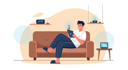 Fototapeta premium Man Relaxing At Home With Tablet Surrounded By Smart Home Devices