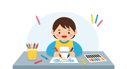 Joyful Young Artist Creates Whimsical Drawing With Colorful Crayons