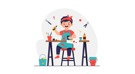 Joyful Young Artist Creating Colorful Masterpiece In Studio Interior Illustration
