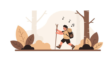 Obraz premium Illustration of a happy hiker trekking through a serene forest scenery