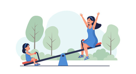 Mother And Daughter Playfully Balancing On A Seesaw In The Park