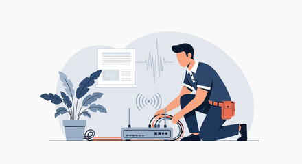 Fototapeta premium Internet Technician Connecting A Router For Home Network System Setup