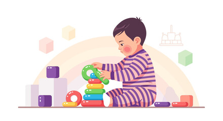Illustration of a toddler playing with colorful stacking rings and building blocks in a bright room