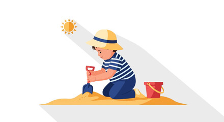Obraz premium Joyful Beach Day Little Boy Playing with Sand on a Sunny Vacation