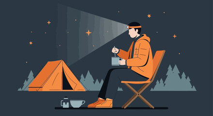 Fototapeta premium Nighttime Camping Scene Featuring a Man Eating Beside A Tent Under Stars