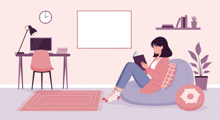 Illustration of a woman reading in a cozy room, designed with soft pastel color palettes