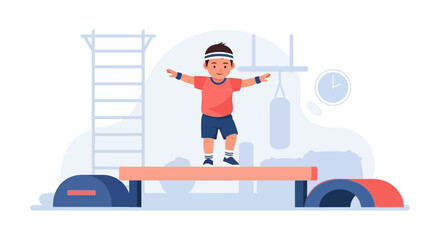Illustration of a young boy balancing on a gym beam with determination and focus in his workout