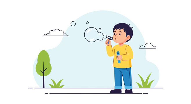 Illustration of a young boy blowing bubbles in a park setting with a cheerful and playful tone perfect for children's content