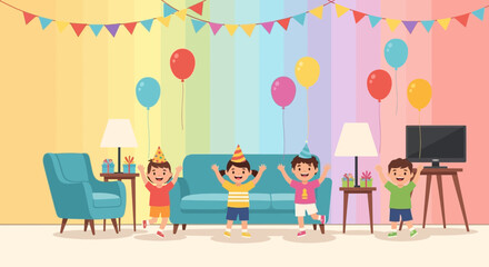 Fototapeta premium Joyful Celebration Group Of Kids Celebrating Birthday Party Indoor Background