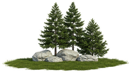A transparent PNG of a small cluster of pine trees and rocks on a grass island