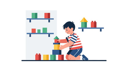 Illustration of a young boy playing with colorful building blocks at home creatively building a tower having fun for the future
