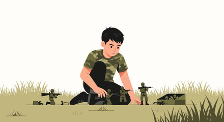 Illustration of a young boy playing with toy soldiers outside, imagination and childhood concept displayed