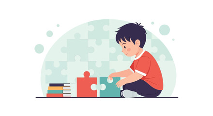 Illustration of a young boy solving a jigsaw puzzle with books nearby showcasing learning and development through play