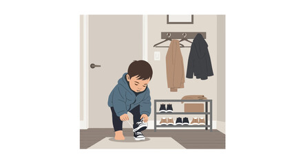 Illustration of a young boy tying his shoelaces in the hallway at home preparing to go outside