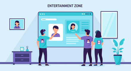 People interacting with an online social media platform in an entertainment zone