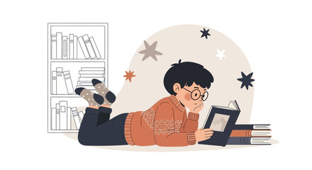 Illustration of a young boy wearing glasses engrossed in reading a book lying on the floor