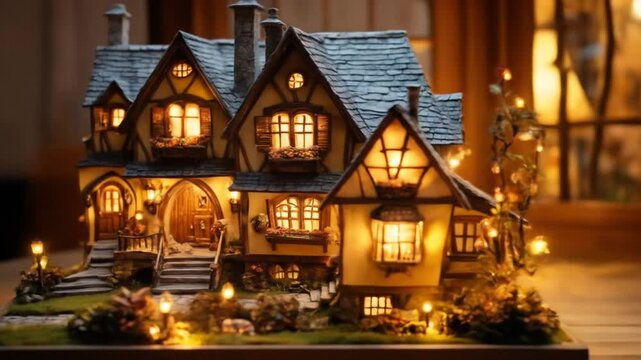 This enchanting miniature fantasy house features detailed design and warm lighting. 4k video