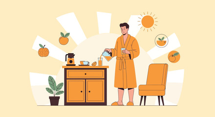 Man Enjoying A Relaxing Morning Routine With Fresh Orange Juice And Coffee