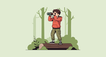 Illustration of a young explorer with binoculars in a peaceful forest scene