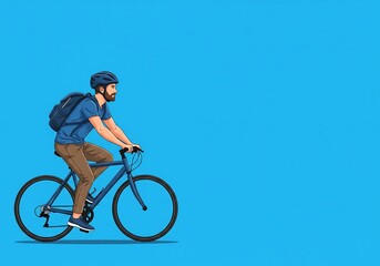Obraz premium Vector image of a man going to the office by bicycle, Man wearing office attire, with a backpack riding a bicycle on a bright blue background. Commemoration of cycling to the office day 