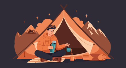 Man Enjoying Coffee in Nature at Night Camping Adventure Illustration