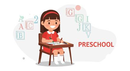 Illustration of a young girl at preschool painting and learning the alphabet