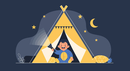 Playful night adventure a cheerful boy in a tent with a flashlight illuminates the darkness with wonder