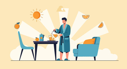 Man Enjoys Fresh Orange Juice In The Morning In A Serene Interior Scene