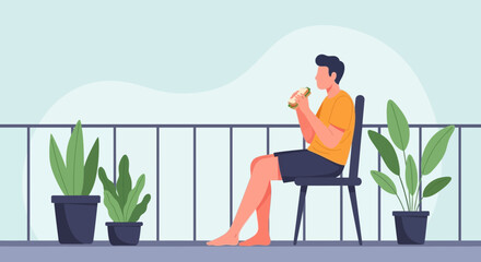 Man Enjoys His Lunch Break Relaxing on The Balcony With Plants Around Him
