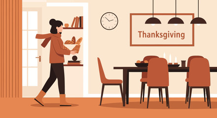 Preparing Festive Feast For Thanksgiving In Cozy Dining Room Illustration