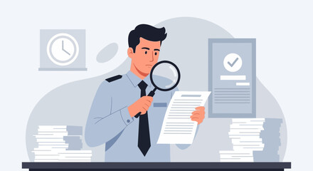 Man Examining Documents With Magnifying Glass In Office For Detailed Analysis