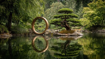 Peaceful zen garden with a bronze ring