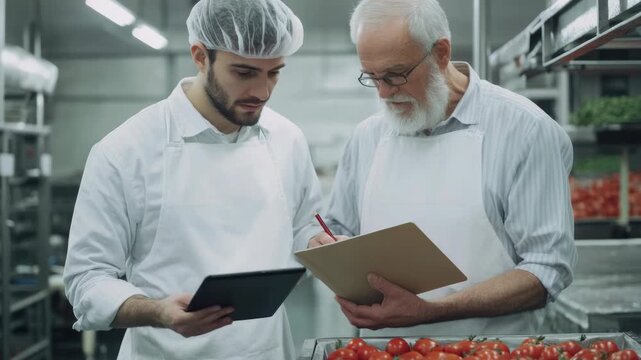 Two professional chefs, one younger and one older, working together in an industrial kitchen, filling out food safety paperwork with a tablet PC and pen.