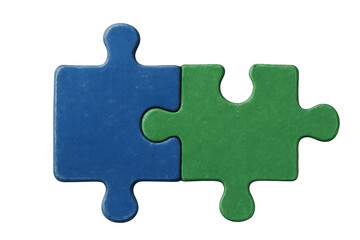 Fototapeta premium Blue and Green Puzzle Pieces Connecting on Transparent Background