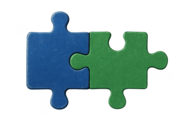 Blue and Green Puzzle Pieces Connecting on Transparent Background