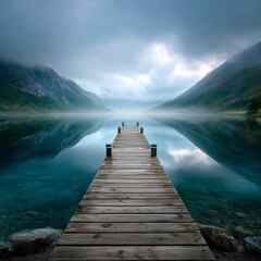 Wooden pier stretching into a serene misty lake at dawn
