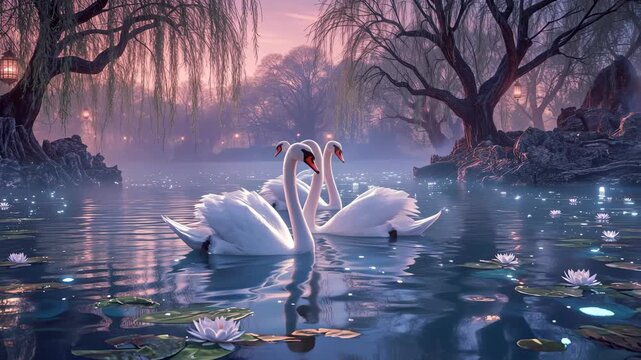 Beautiful white swans are swimming on a magical lake at twilight, surrounded by willow trees and glowing water lilies, creating a serene and enchanting atmosphere