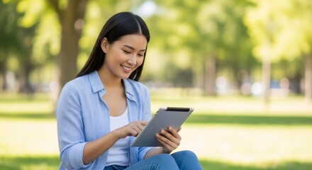 Fototapeta premium Young asian woman using a digital tablet outdoors. Happy female sitting in park, browsing or studying. Modern mobile technology.
