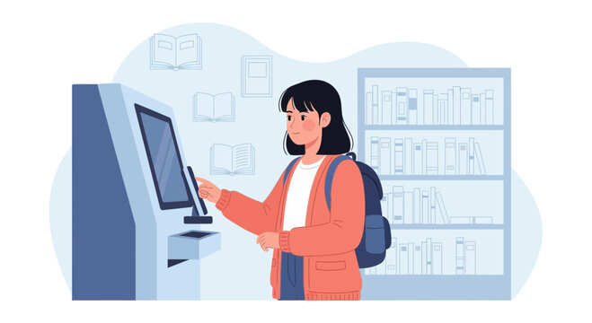 Student Using Self Checkout Station In Modern Library To Borrow Books