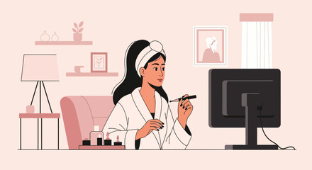 Fototapeta premium Woman In Robe Doing Makeup In Front Of Computer At Her Home