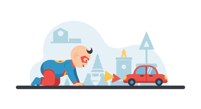 Superhero Baby Crawling Towards Toy Car On Imaginary Cityscape Adventure - Powered by Adobe