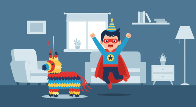 Superhero Celebrates His Birthday with a Piñata in a Cheerful Atmosphere