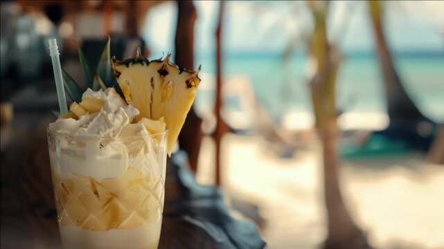 Dessert drink with pineapple slice garnish and whipped cream.