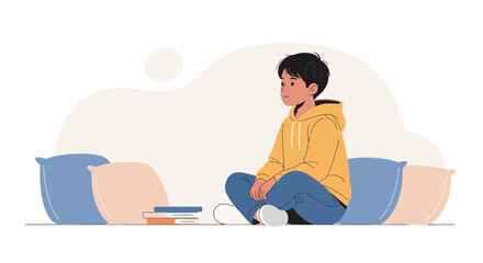 Thoughtful Young Student Studying At Home Sitting On Pillows With Books