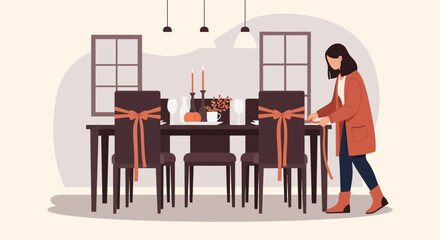Woman Preparing Festive Dining Room With Autumn Decorations And Elegant Chair